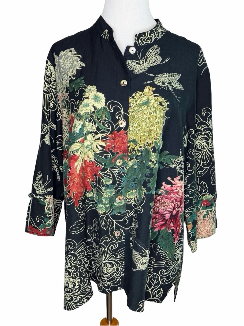 Citron Santa Monica Blouse Size 2X Black Vintage Floral Butterfly Silk Linen